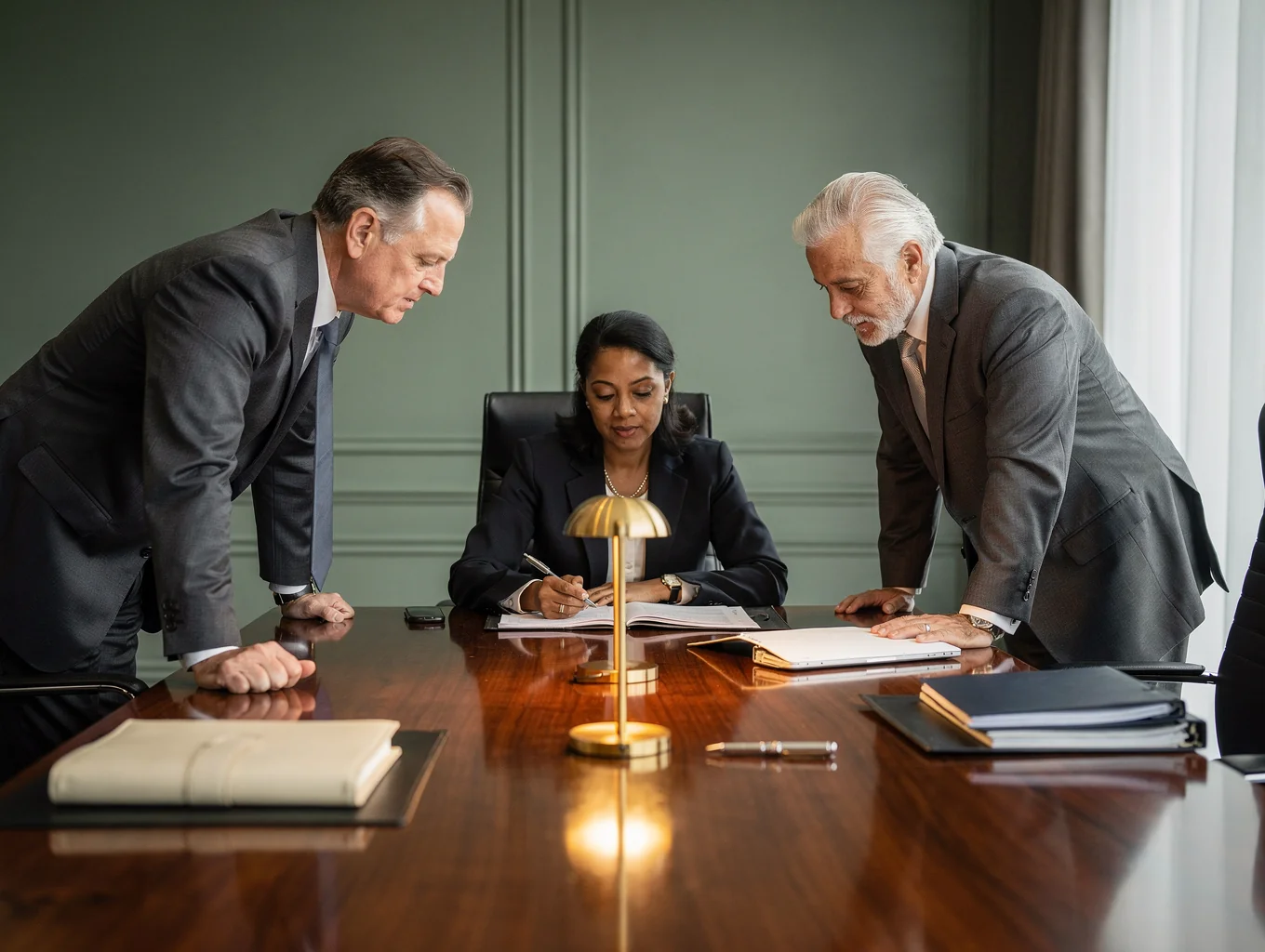 Senior attorneys reviewing corporate litigation documents